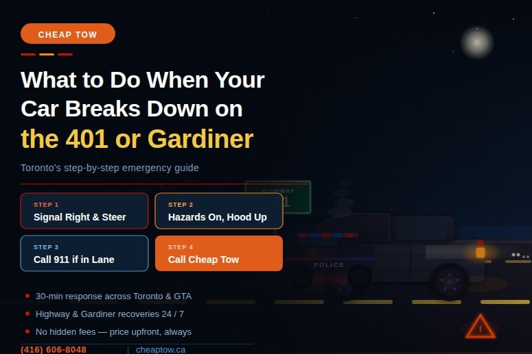car breaks down on 401 Toronto or Gardiner Expressway what to do